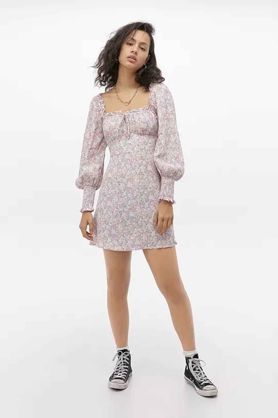 Faithfull The Brand Ira Mini Dress Pink Tie Smocked Ruffled Long Sleeve Sz M